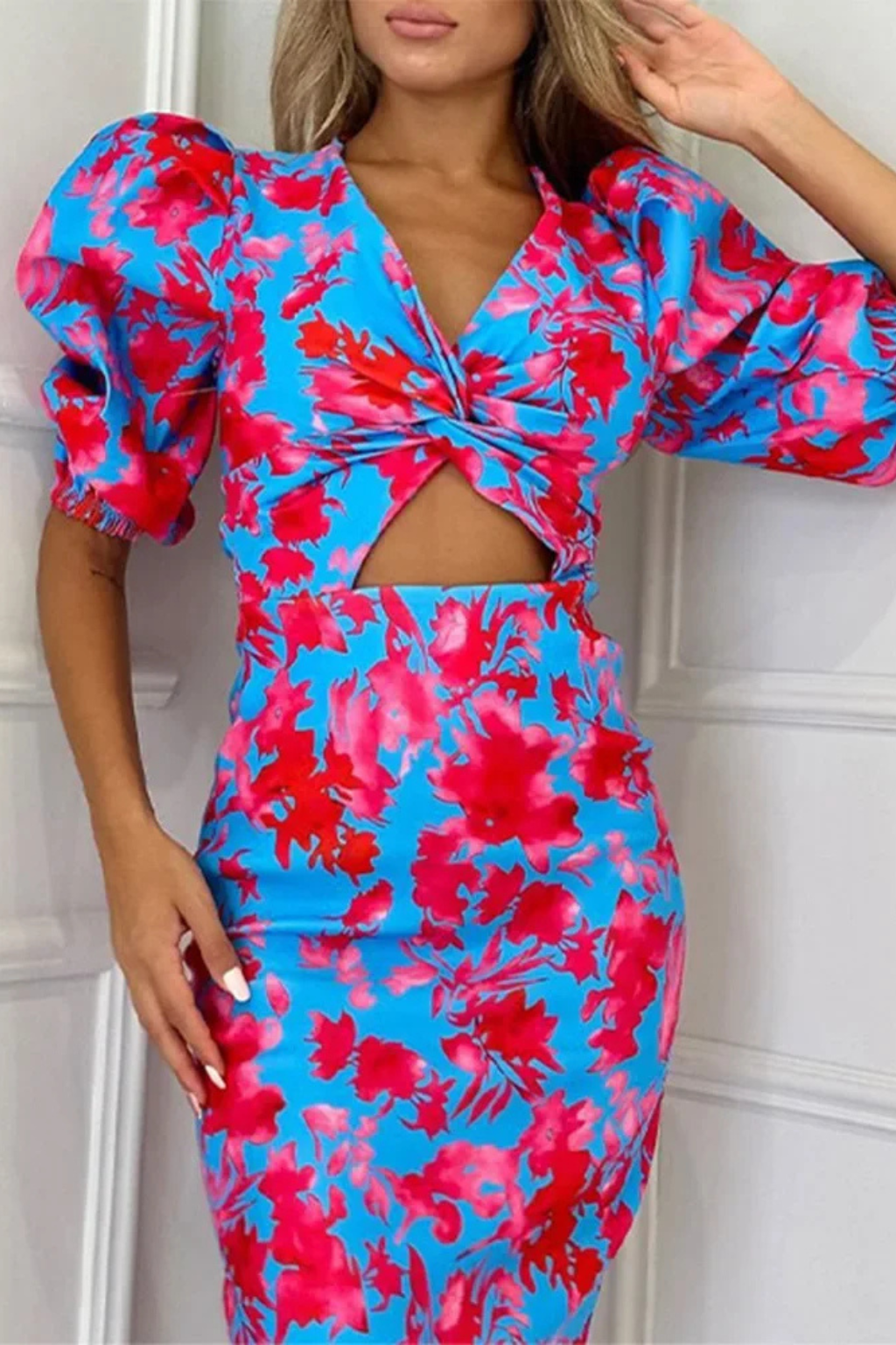 Blue & Red Puff Sleeve Midi Dress for Women UK – Wedding Guest Cocktail Dress & Formal Attire