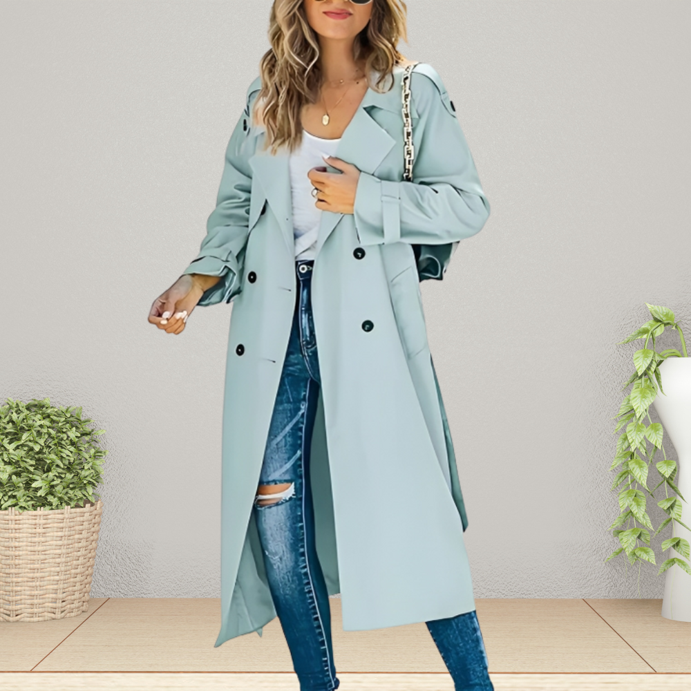 Women's Double-Breasted Trench Coat with Notched Collar – Office, Casual