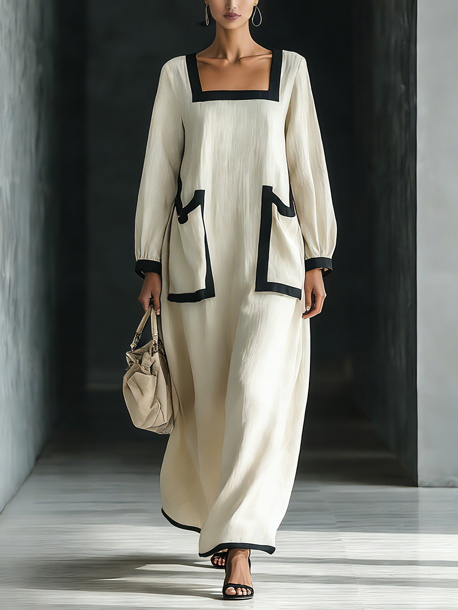 Beige Cotton-Linen Maxi Dress with Square Neck and Oversized Pockets