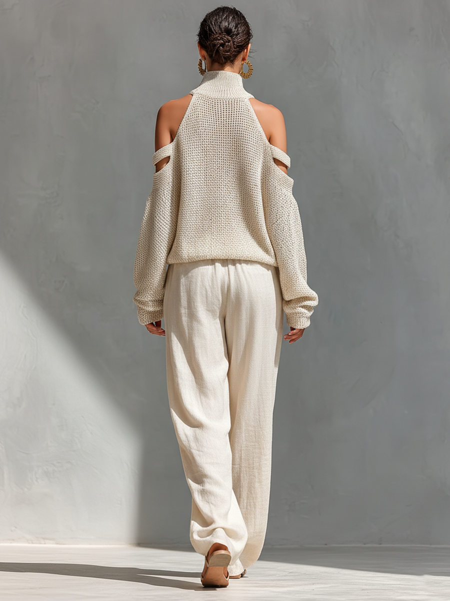 Beige Knit Cold-Shoulder Turtleneck Top and Wide-Leg Pants Set for Women