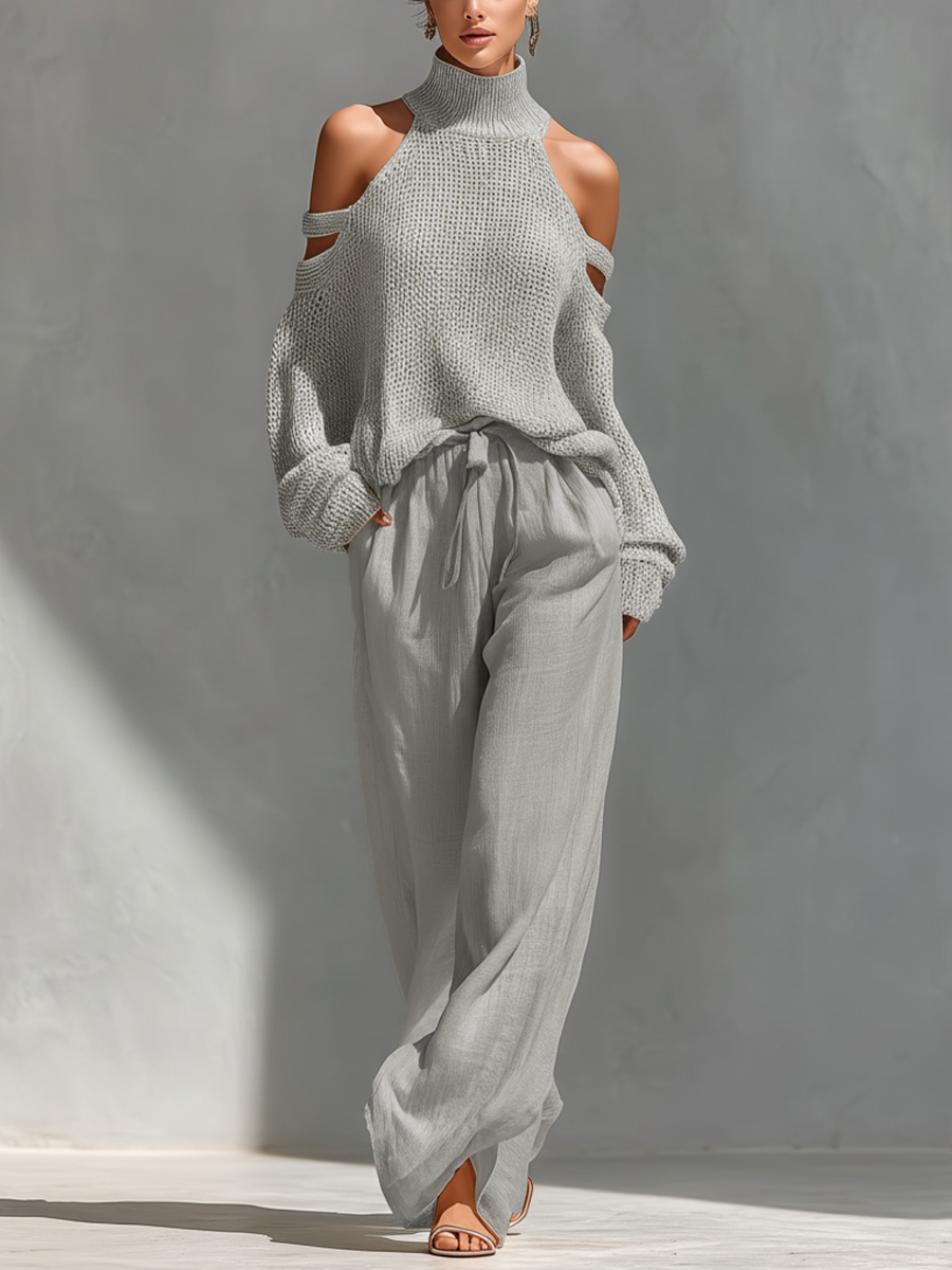 Beige Knit Cold-Shoulder Turtleneck Top and Wide-Leg Pants Set for Women