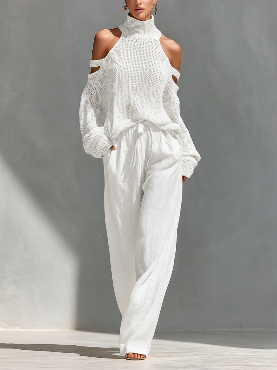 Beige Knit Cold-Shoulder Turtleneck Top and Wide-Leg Pants Set for Women
