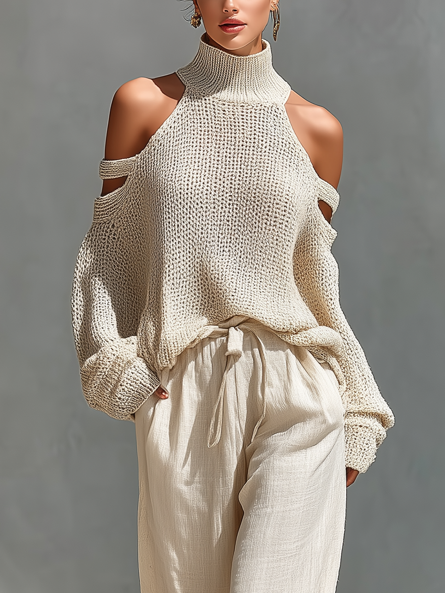 Beige Knit Cold-Shoulder Turtleneck Top and Wide-Leg Pants Set for Women