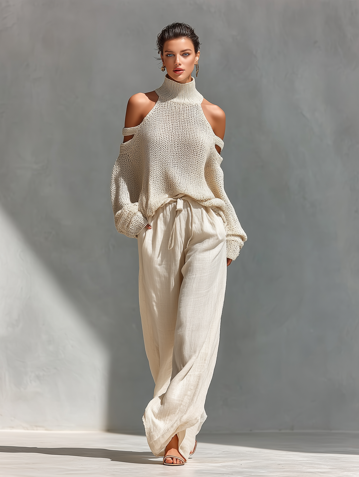 Beige Knit Cold-Shoulder Turtleneck Top and Wide-Leg Pants Set for Women