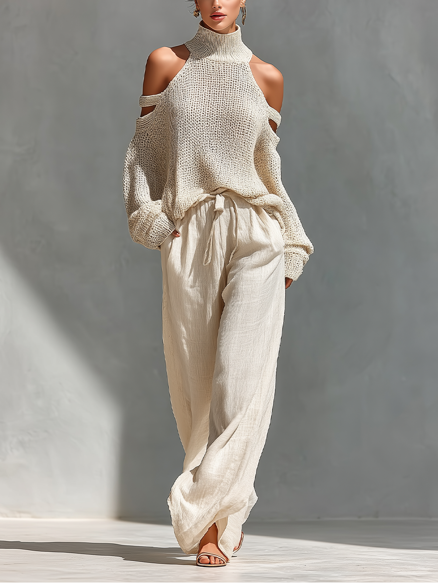 Beige Knit Cold-Shoulder Turtleneck Top and Wide-Leg Pants Set for Women