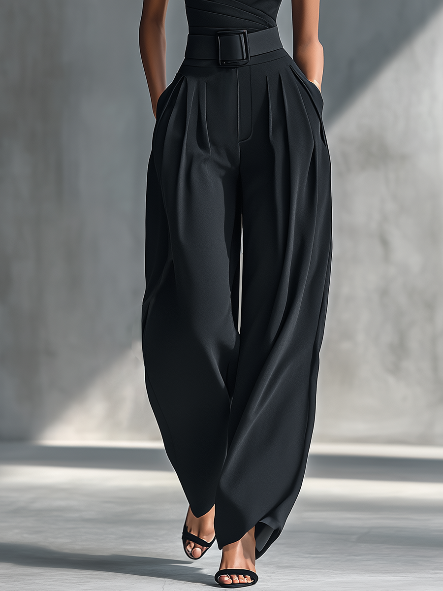 Black High-elastic Knit Top and Acetate Wide-leg Trousers Women UK – Smart Casual Holiday Outfit, Brunch