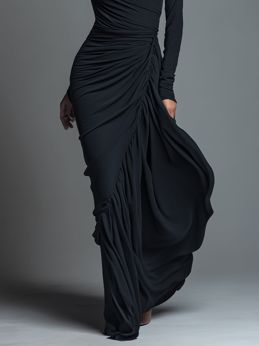 Black Jersey Knit Ruched Maxi Dress Women UK – Wedding Guest Garden Party Evening Gown, Formal Occasion