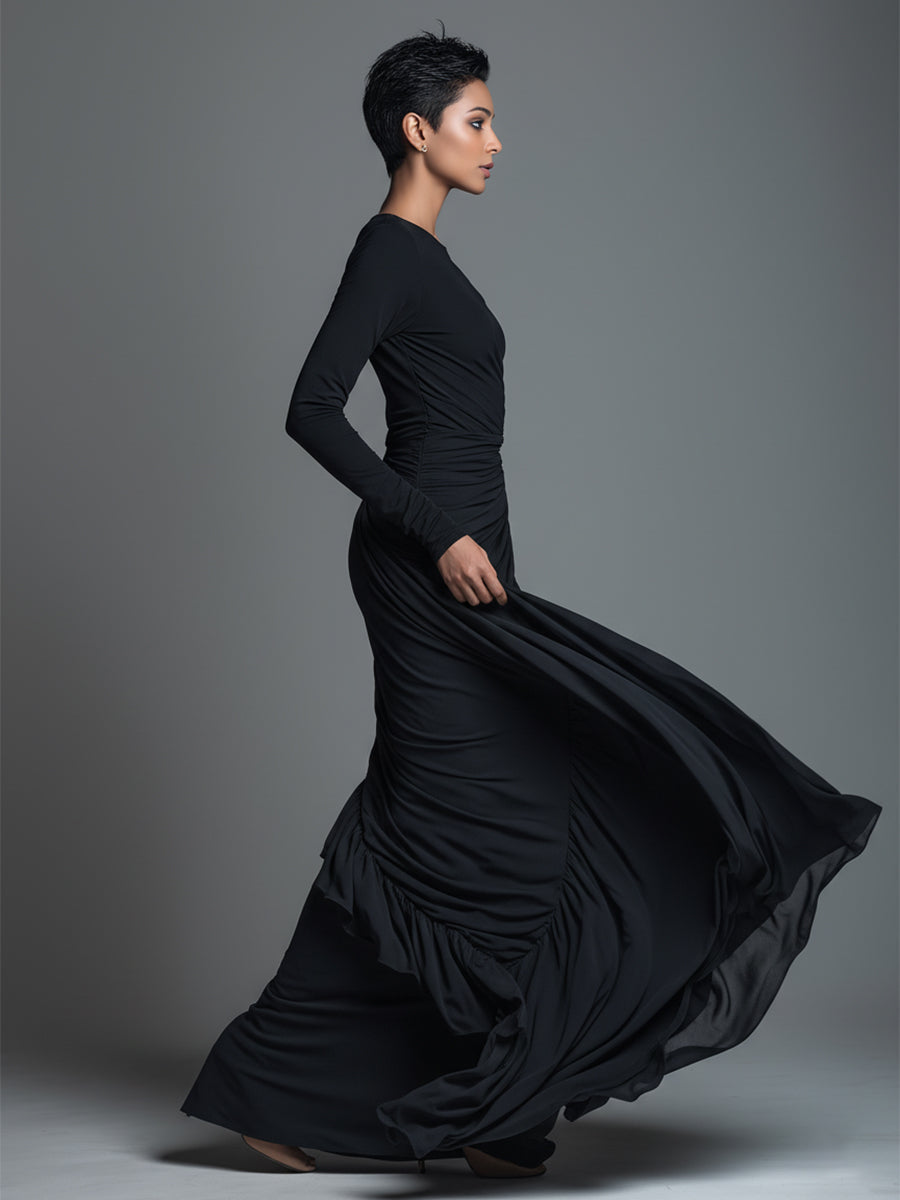 Black Jersey Knit Ruched Maxi Dress Women UK – Wedding Guest Garden Party Evening Gown, Formal Occasion