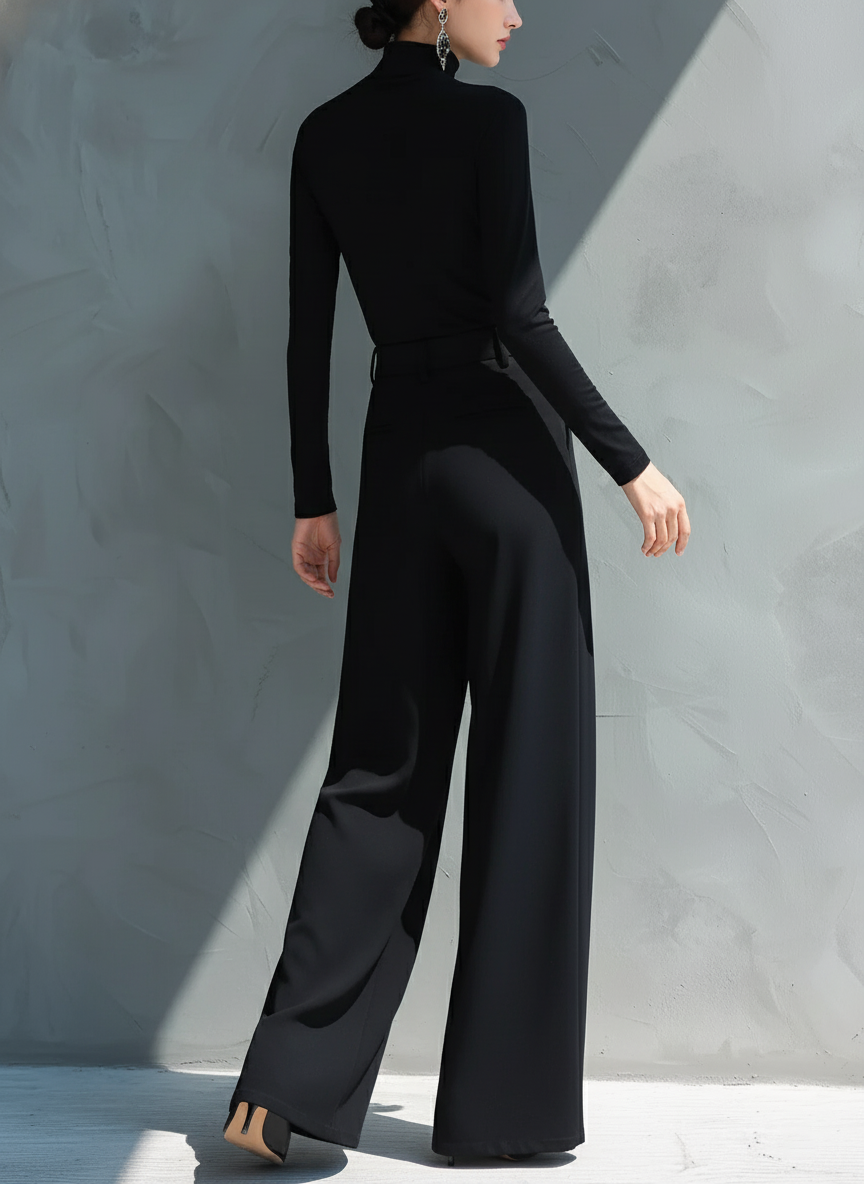 Black Knit Turtleneck Wide-Leg Jumpsuit for Women - MDA2133J5I