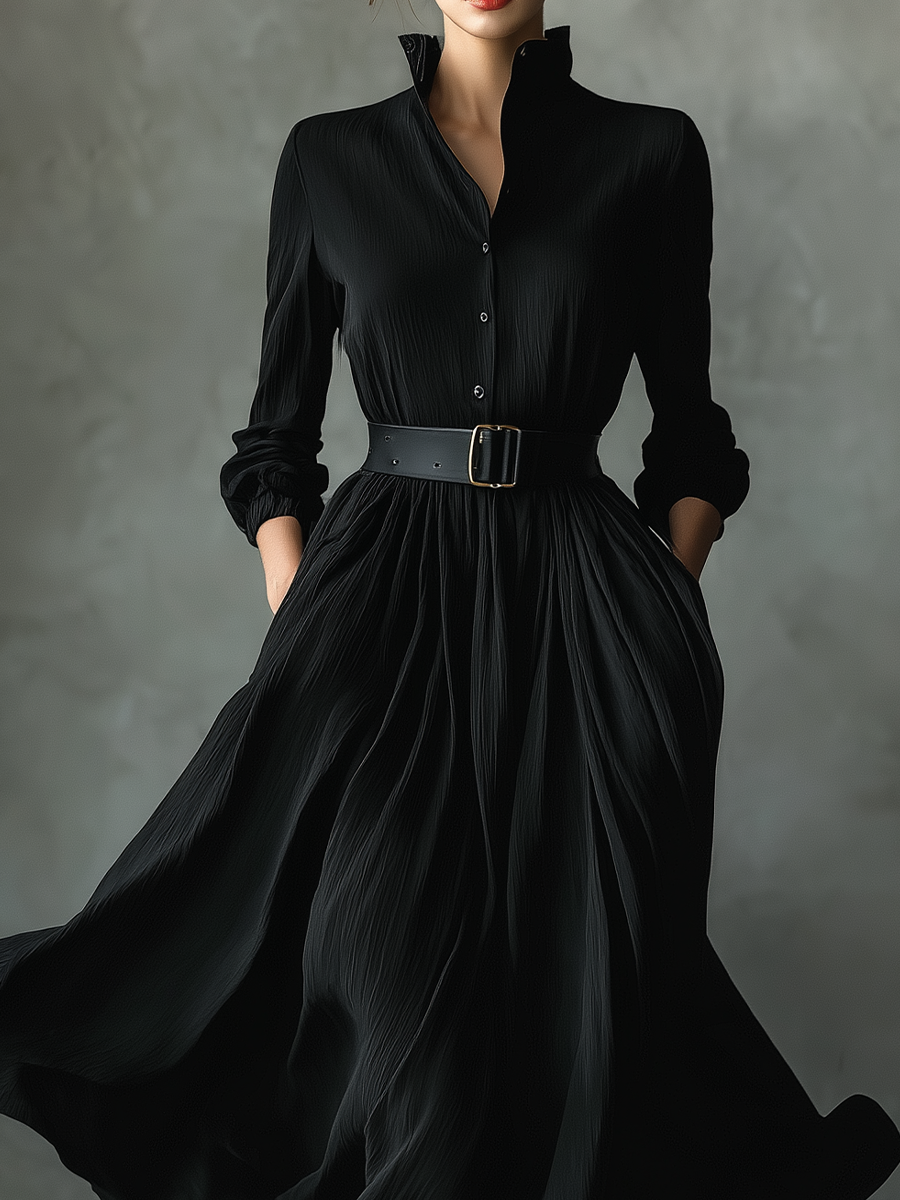 Black Textured Pleated Maxi Dress for Women - Vintage Style, Casual Wear
