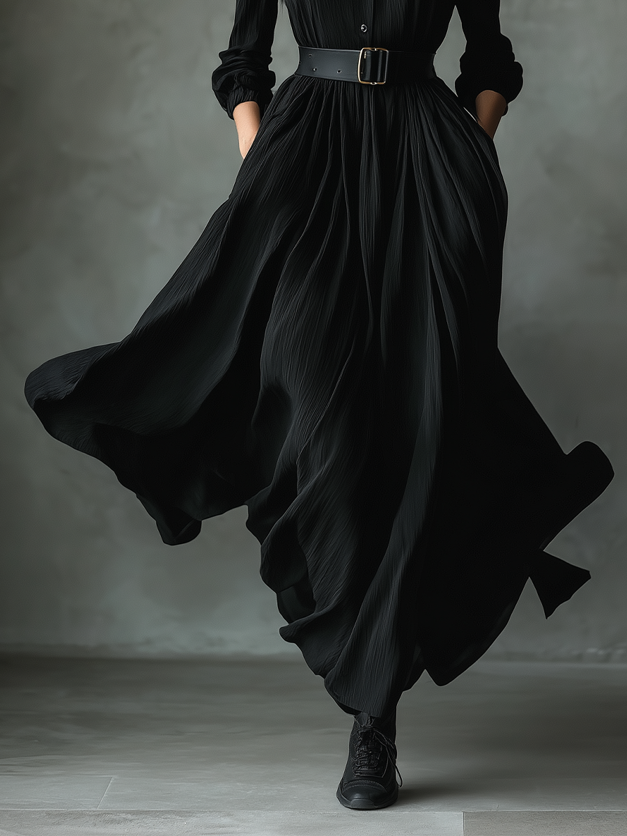 Black Textured Pleated Maxi Dress for Women - Vintage Style, Casual Wear