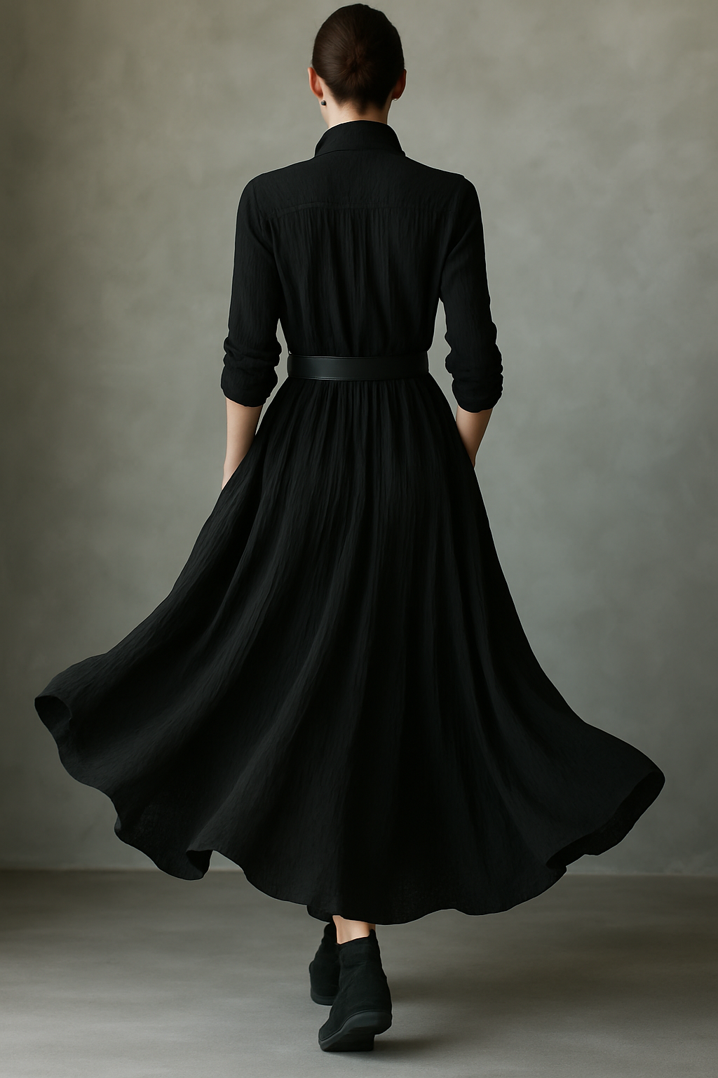 Black Textured Pleated Maxi Dress for Women - Vintage Style, Casual Wear