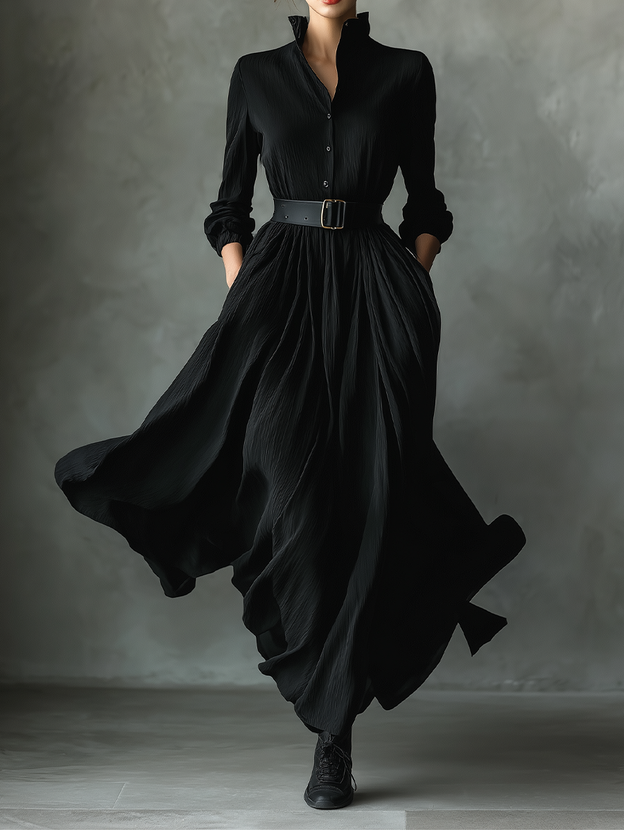 Black Textured Pleated Maxi Dress for Women - Vintage Style, Casual Wear