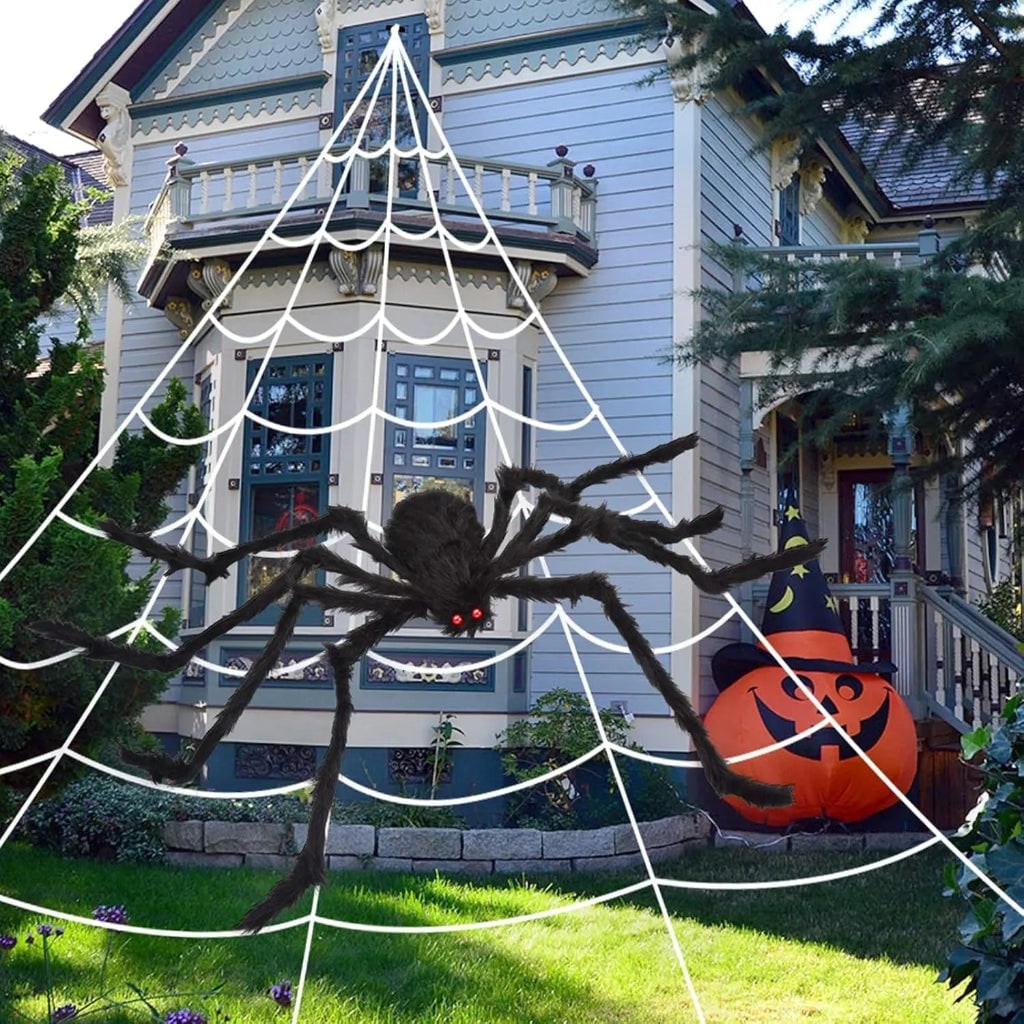 Giant Spider Web Halloween Decoration with Poseable Spider – Garden, Outdoor