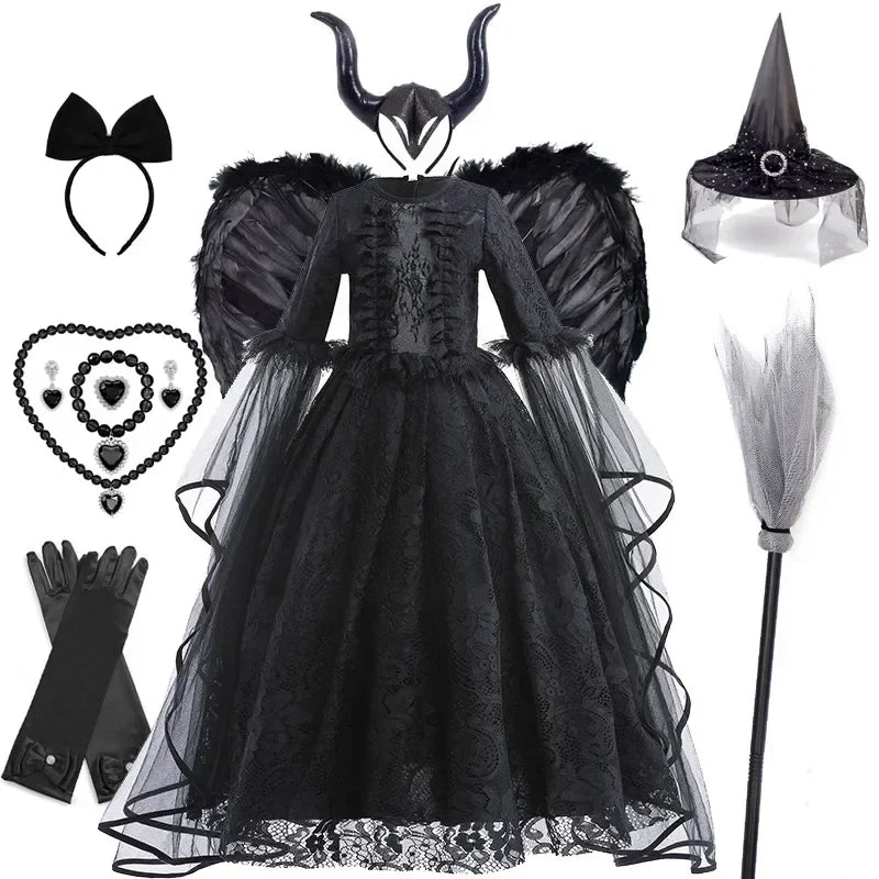 Girls Witch Queen Costume Dress with Lace Ruffles and Mid Calf Length