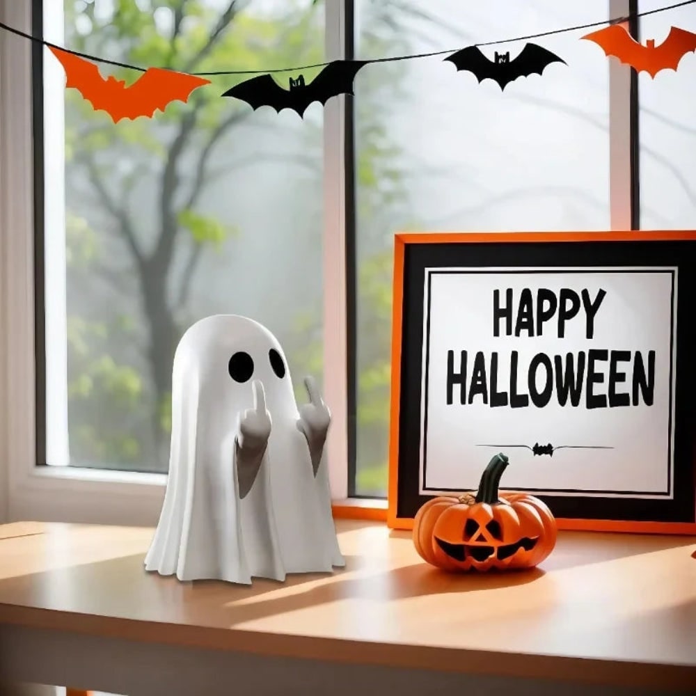 Halloween Ghost Figurine Decoration with Middle Finger Gesture – Party Decor, Tabletop Display