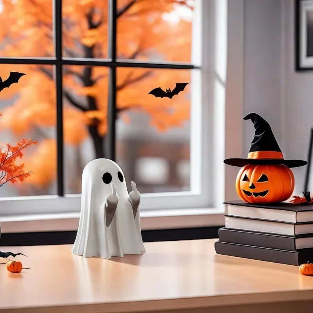 Halloween Ghost Figurine Decoration with Middle Finger Gesture – Party Decor, Tabletop Display