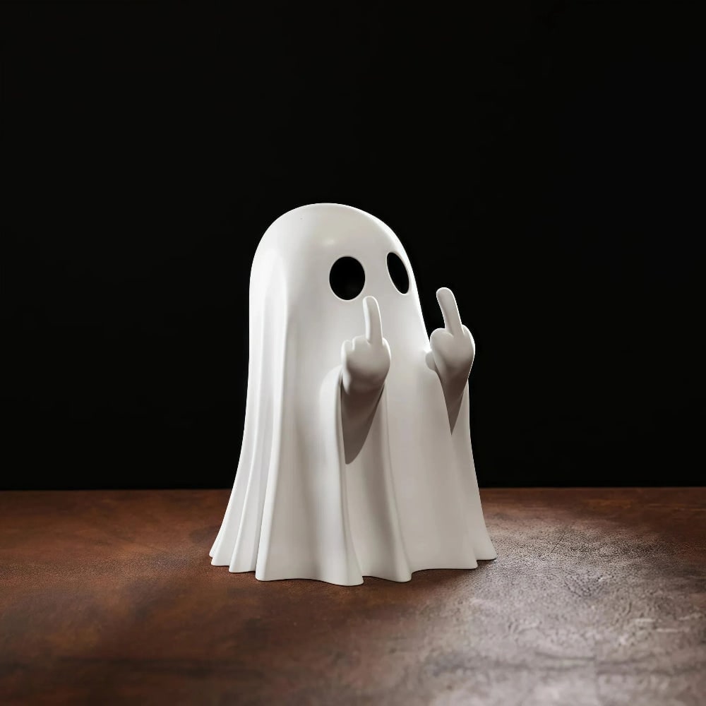 Halloween Ghost Figurine Decoration with Middle Finger Gesture – Party Decor, Tabletop Display