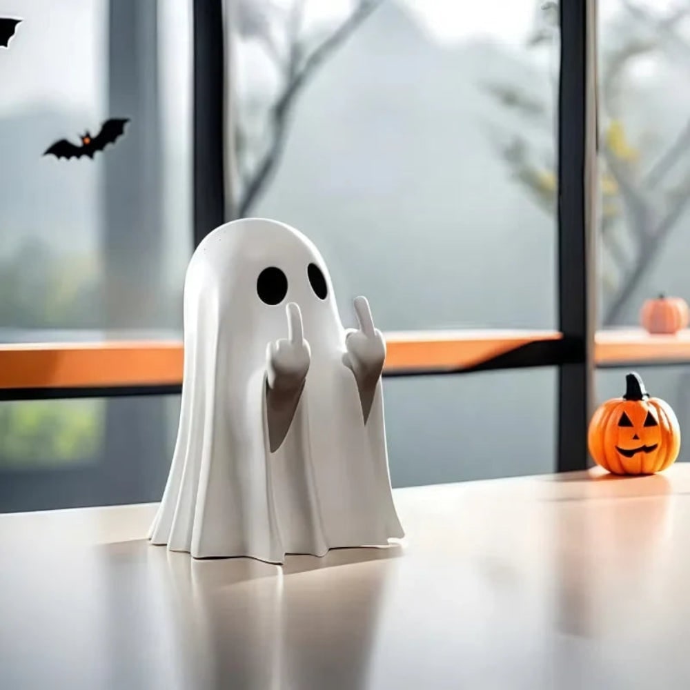 Halloween Ghost Figurine Decoration with Middle Finger Gesture – Party Decor, Tabletop Display