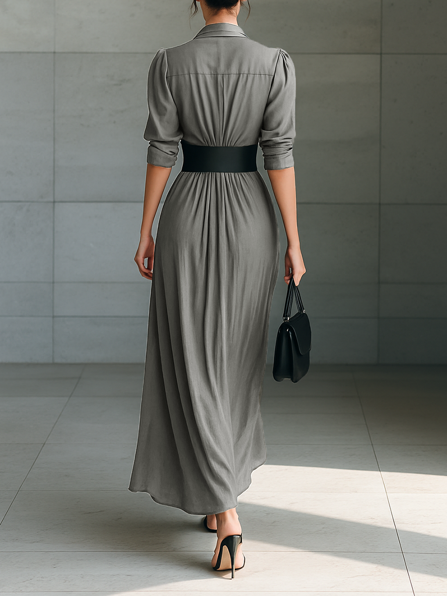 Lapel Long Sleeve Belted Maxi Dress for Women - Elegant Casual Wear, MDA1758G1Y