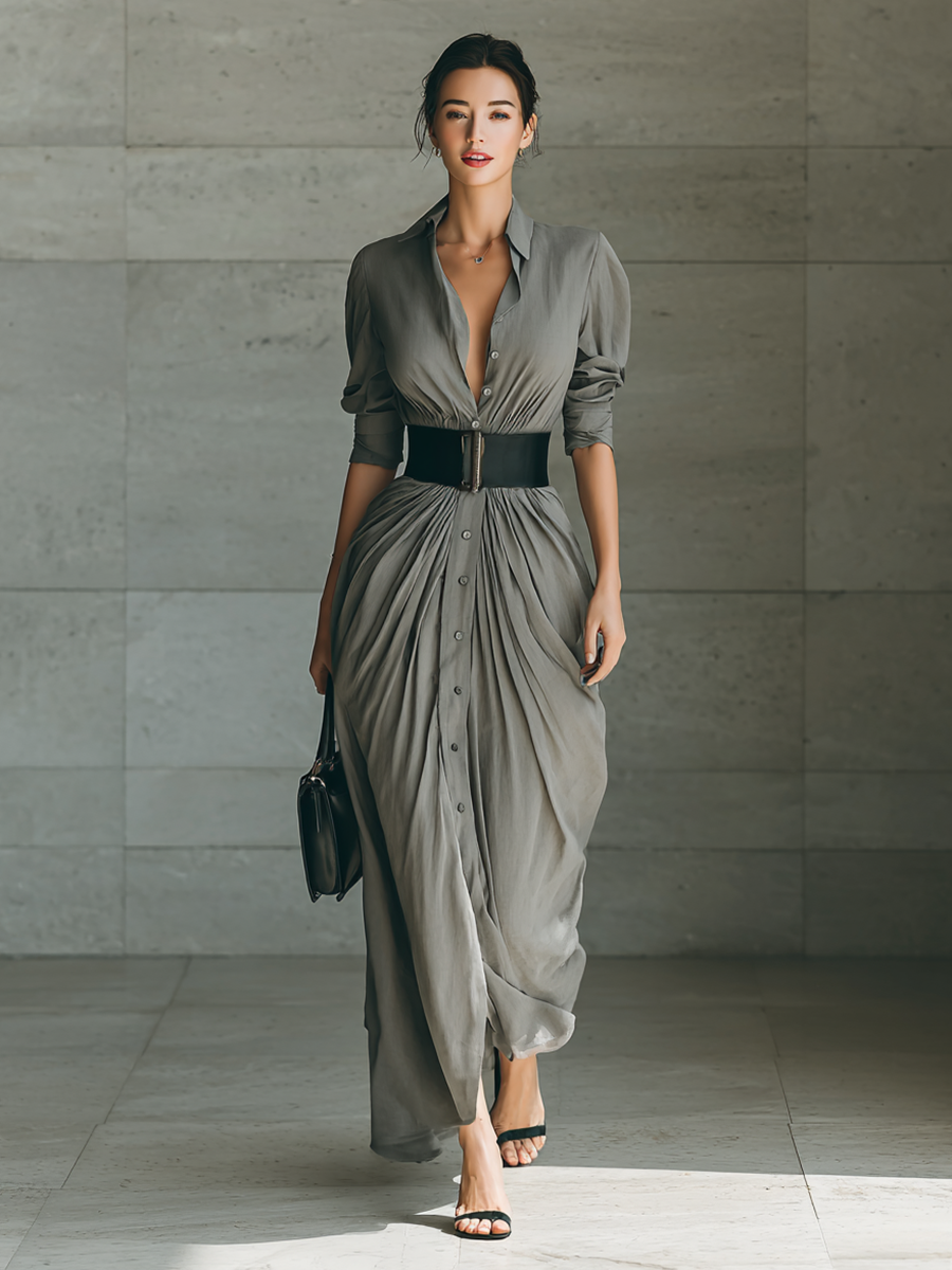 Lapel Long Sleeve Belted Maxi Dress for Women - Elegant Casual Wear, MDA1758G1Y
