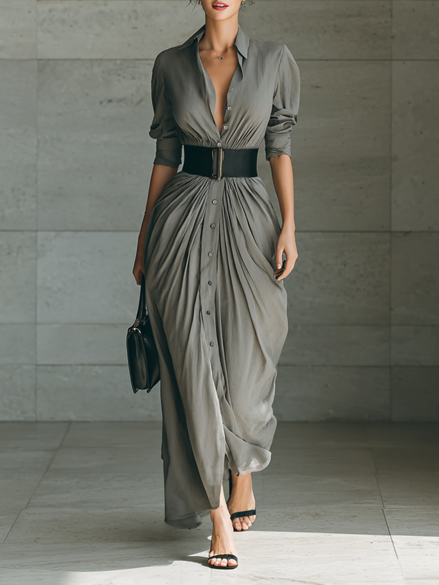 Lapel Long Sleeve Belted Maxi Dress for Women - Elegant Casual Wear, MDA1758G1Y