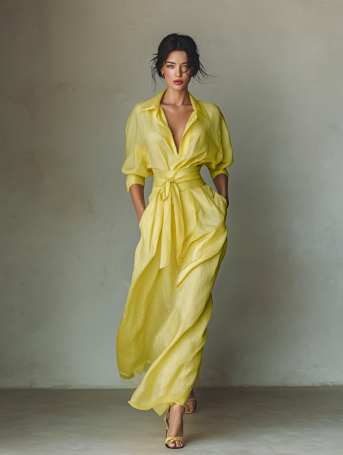 Lemon Yellow Cotton-Linen Maxi Shirt Dress with Tie Waist and Half Sleeves
