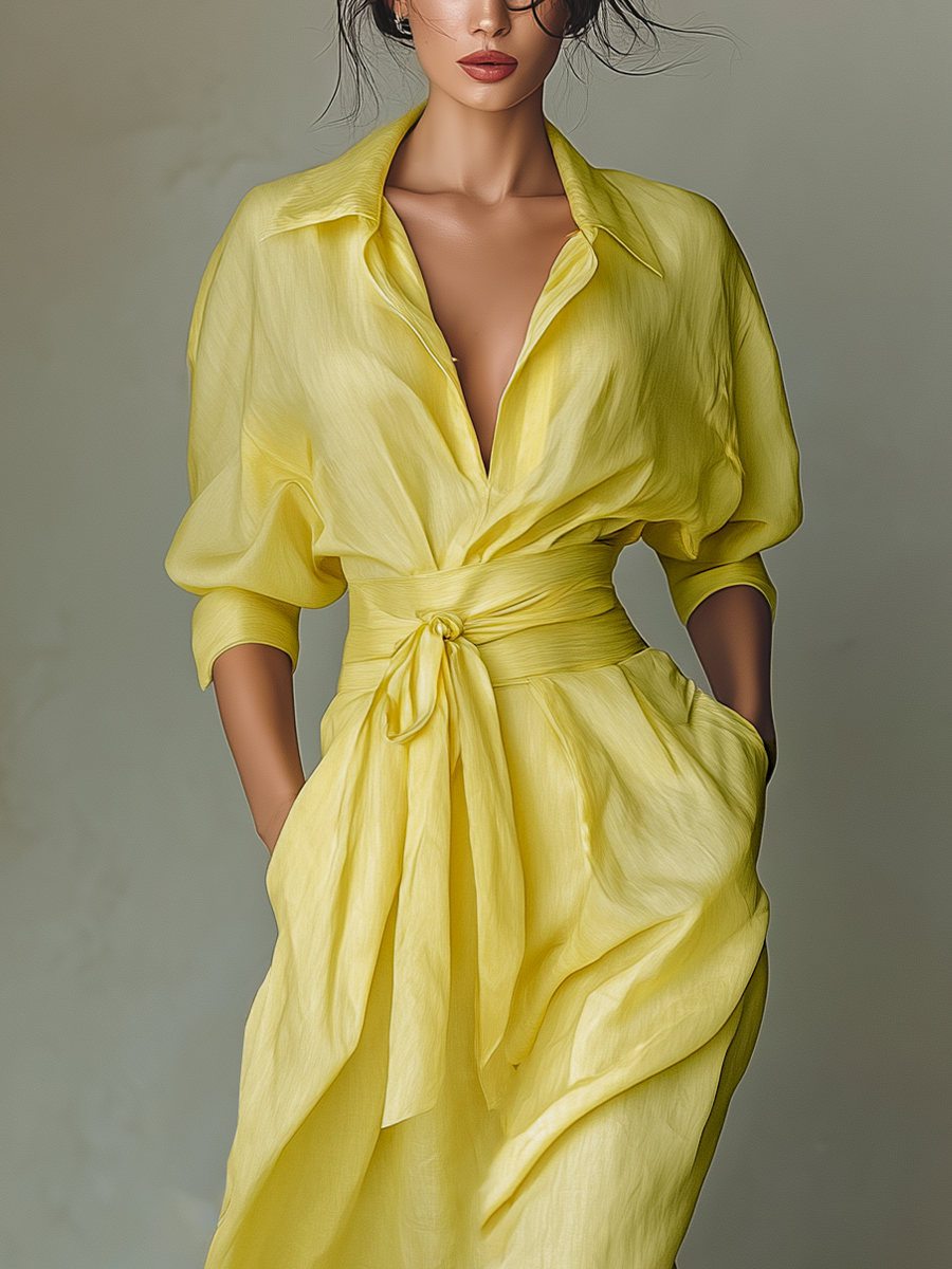 Lemon Yellow Cotton-Linen Maxi Shirt Dress with Tie Waist and Half Sleeves