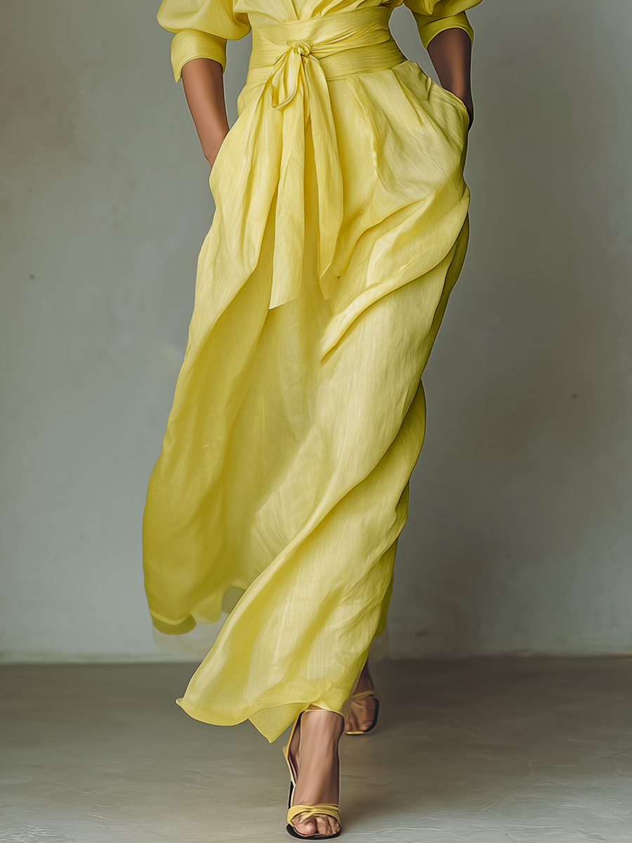 Lemon Yellow Cotton-Linen Maxi Shirt Dress with Tie Waist and Half Sleeves