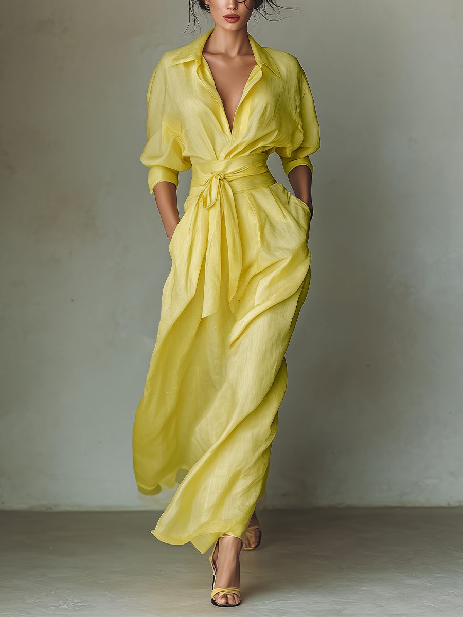 Lemon Yellow Cotton-Linen Maxi Shirt Dress with Tie Waist and Half Sleeves
