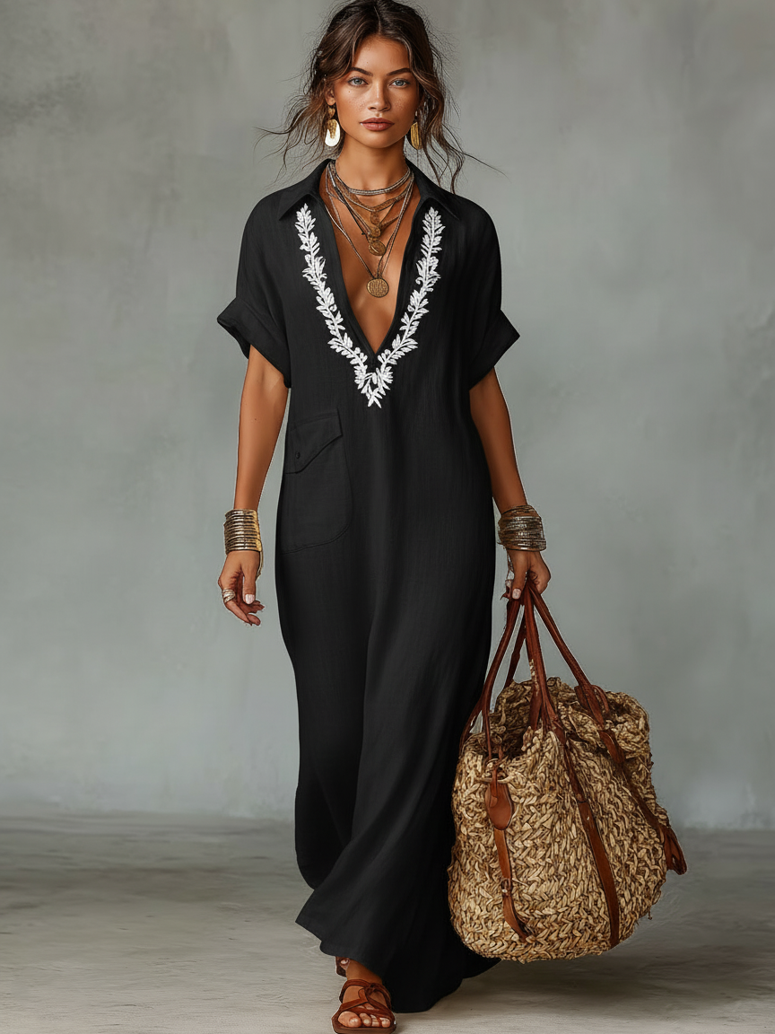 Linen Blend Embroidered Short-Sleeved Maxi Dress for Women