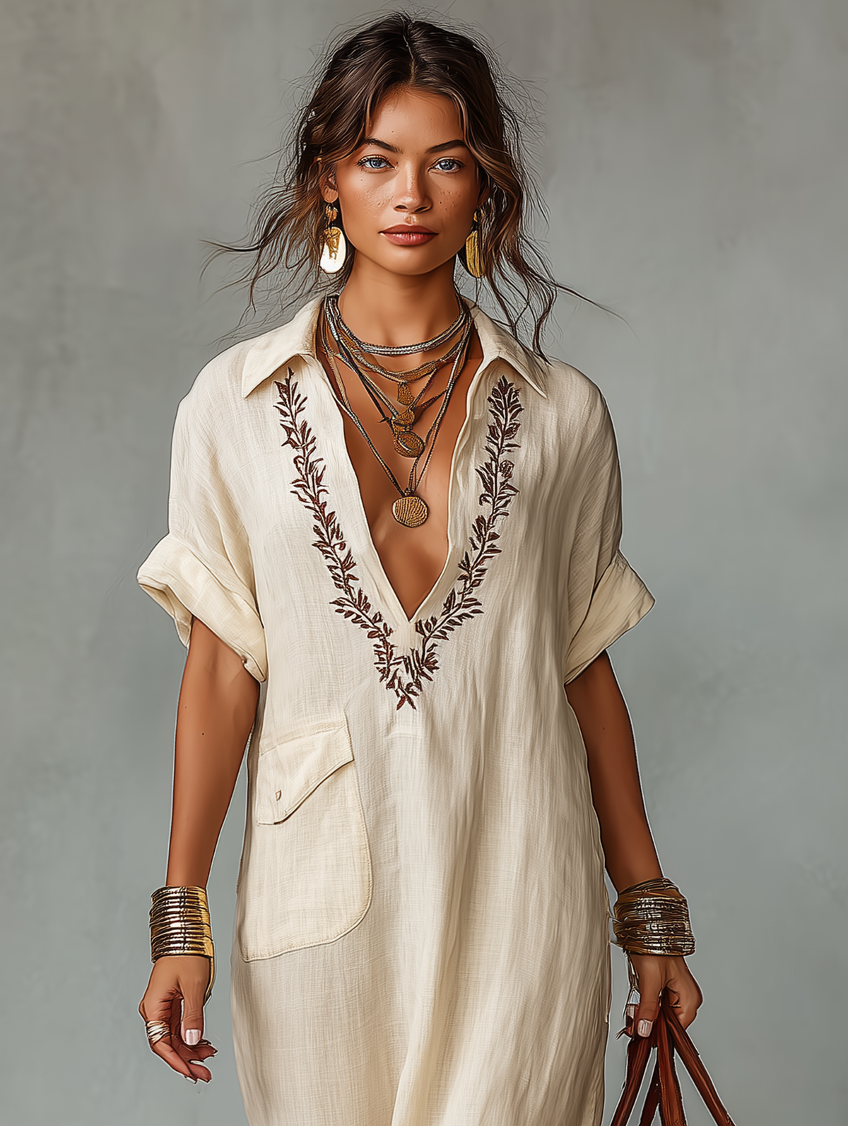 Linen Blend Embroidered Short-Sleeved Maxi Dress for Women