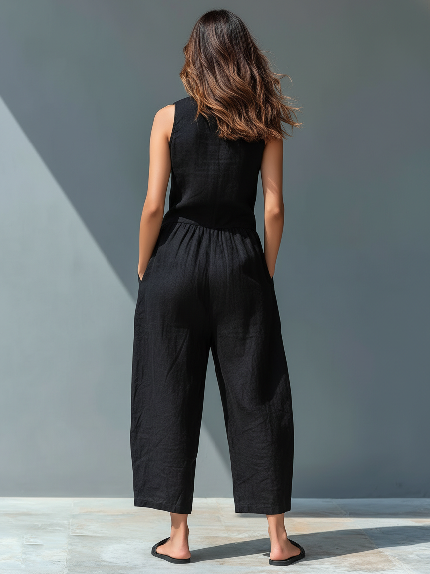 Linen Blend Sleeveless Button-Up Jumpsuit with Stand Collar for Women