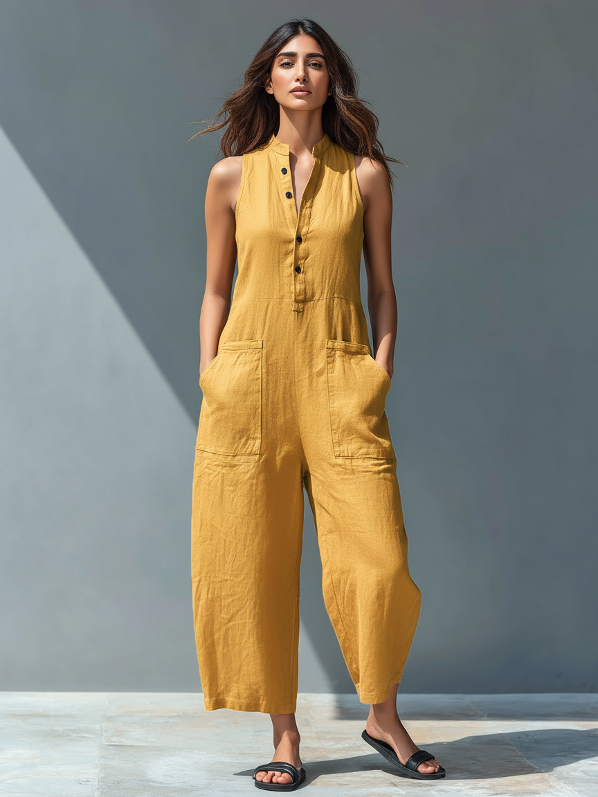 Linen Blend Sleeveless Button-Up Jumpsuit with Stand Collar for Women