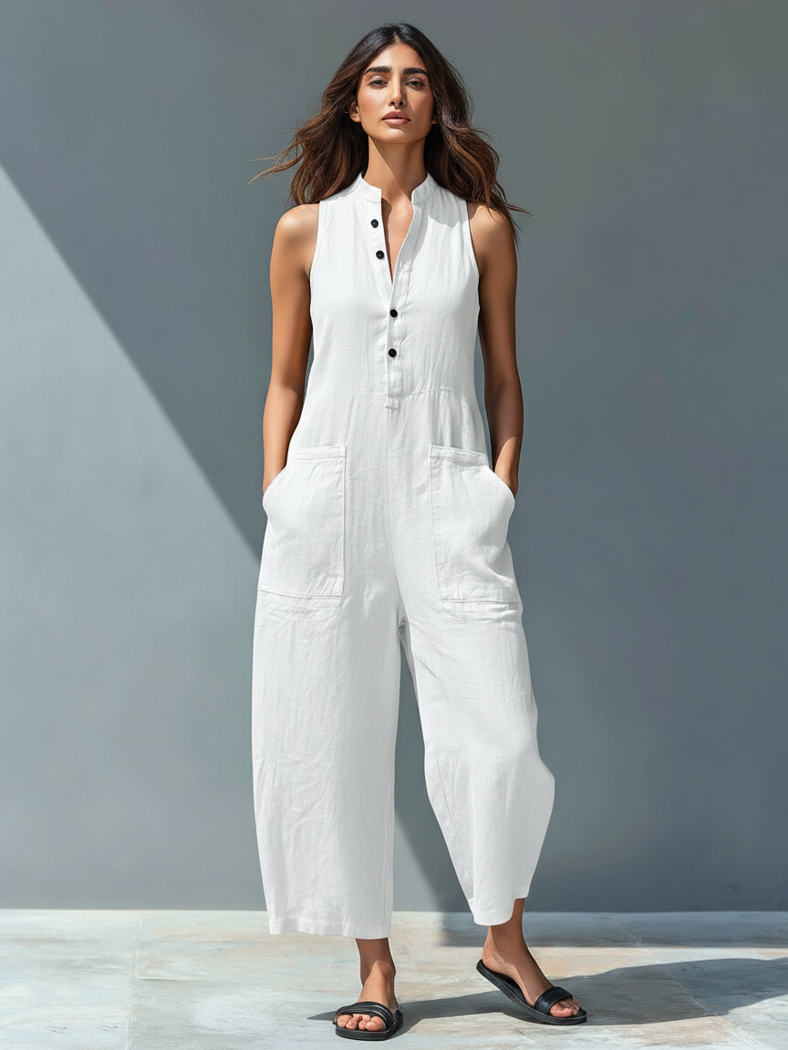 Linen Blend Sleeveless Button-Up Jumpsuit with Stand Collar for Women