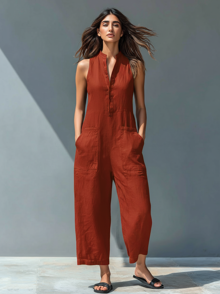 Linen Blend Sleeveless Button-Up Jumpsuit with Stand Collar for Women