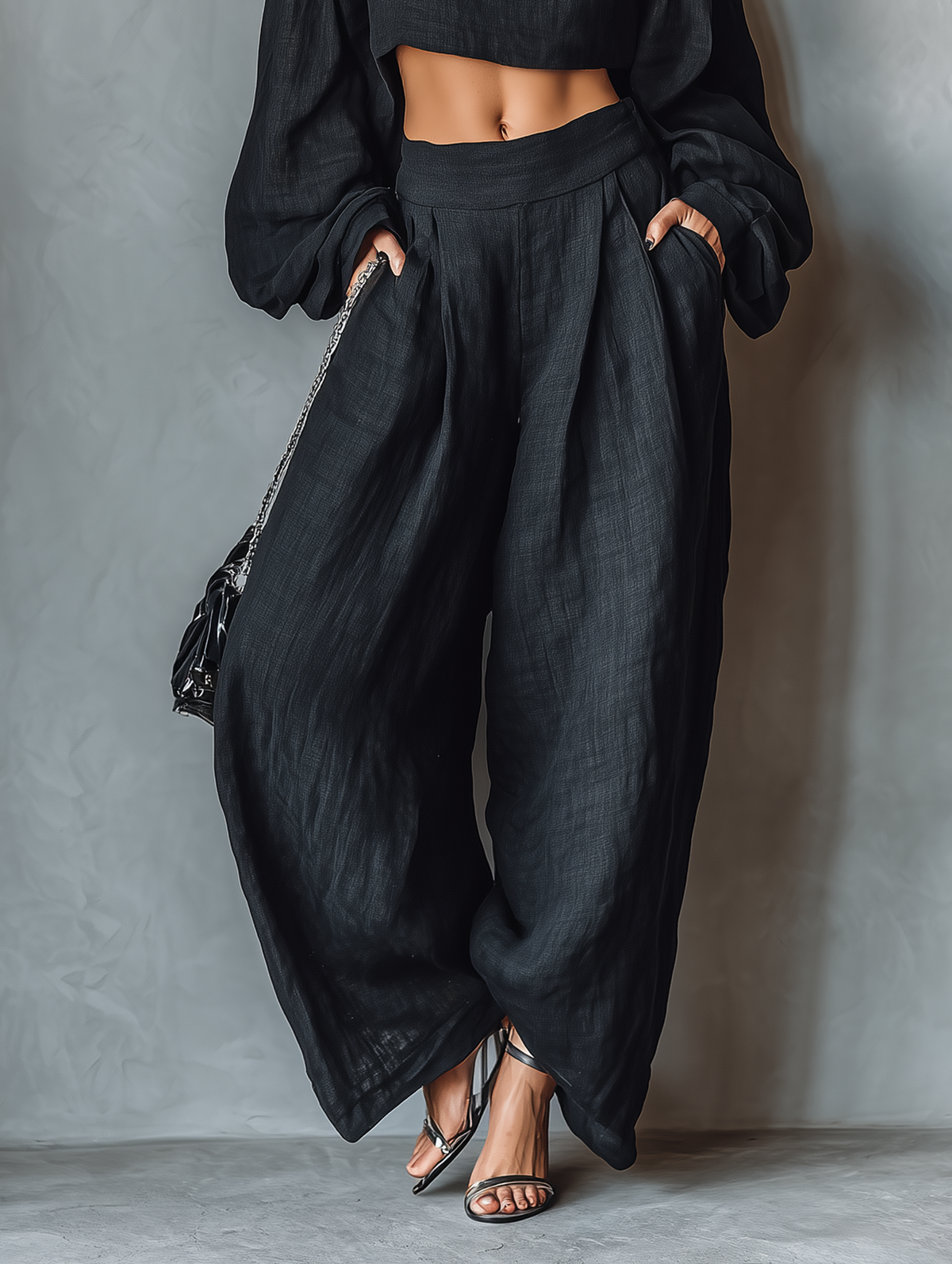 Linen Blend Strapless Blouse and Wide-Leg Pants Set for Women