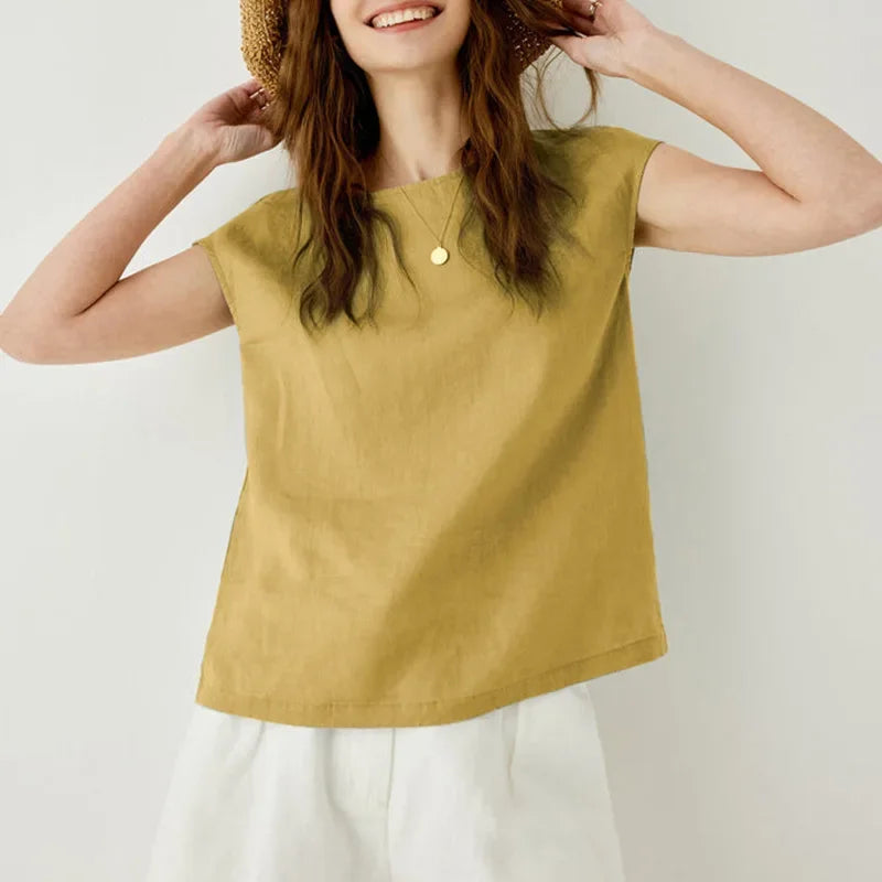 Linen Petal Sleeve T-Shirt for Women - Casual Summer Top