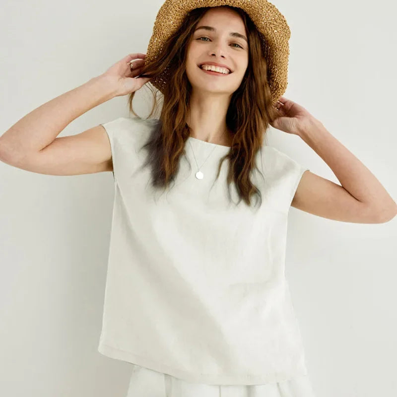 Linen Petal Sleeve T-Shirt for Women - Casual Summer Top