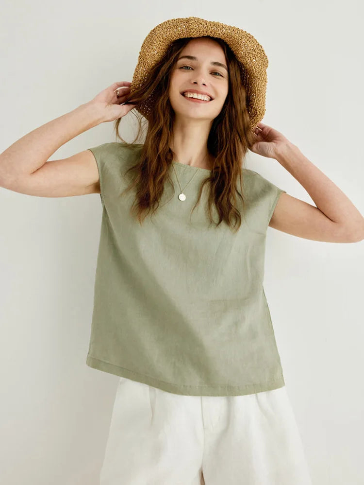 Linen Petal Sleeve T-Shirt for Women - Casual Summer Top
