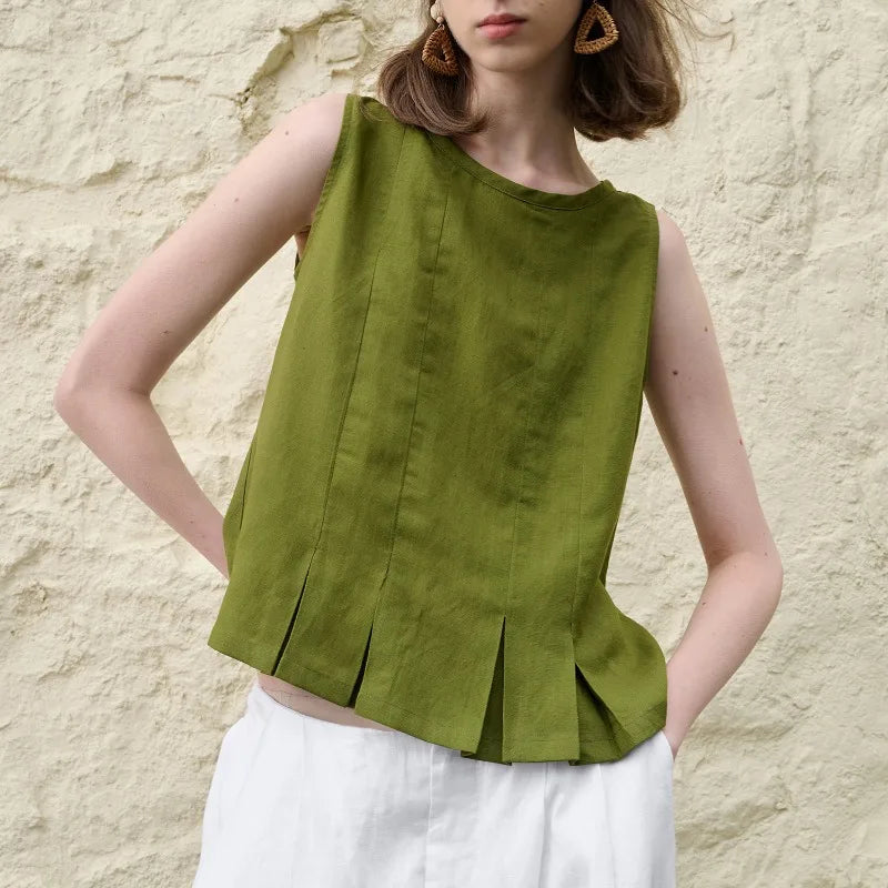 Linen Pleated Hem Top for Women - Casual Summer Blouse