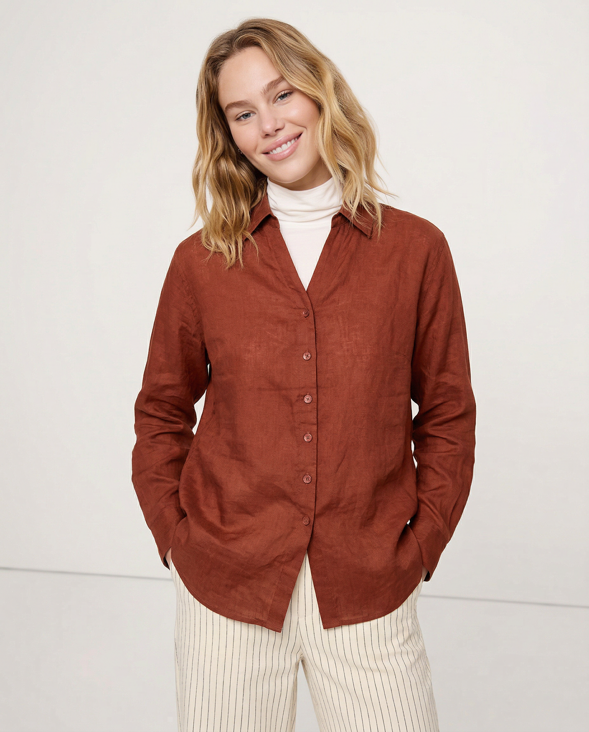 Linen V-Neck Shirt - Collarless Design for Casual Wear - Lightweight and Breathable