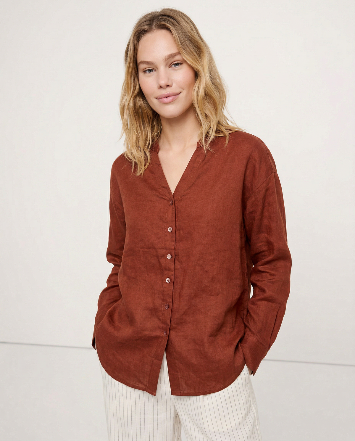 Linen V-Neck Shirt - Collarless Design for Casual Wear - Lightweight and Breathable