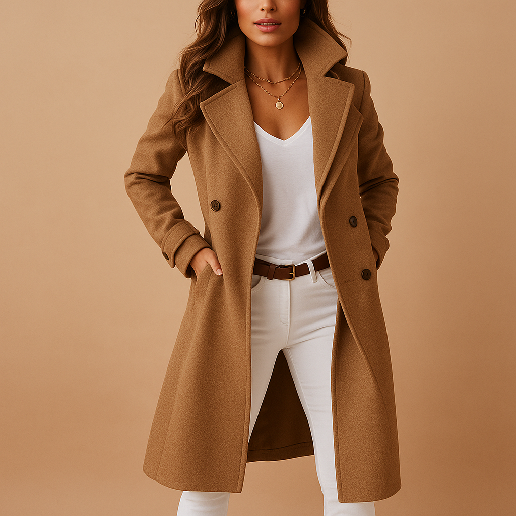 Long Women's Coat with Buttons - Tailored Overcoat for Stylish Outerwear Brown