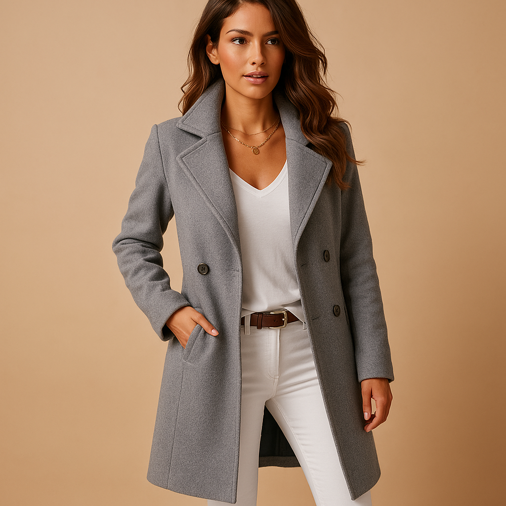 Long Women's Coat with Buttons - Tailored Overcoat for Stylish Outerwear Grey