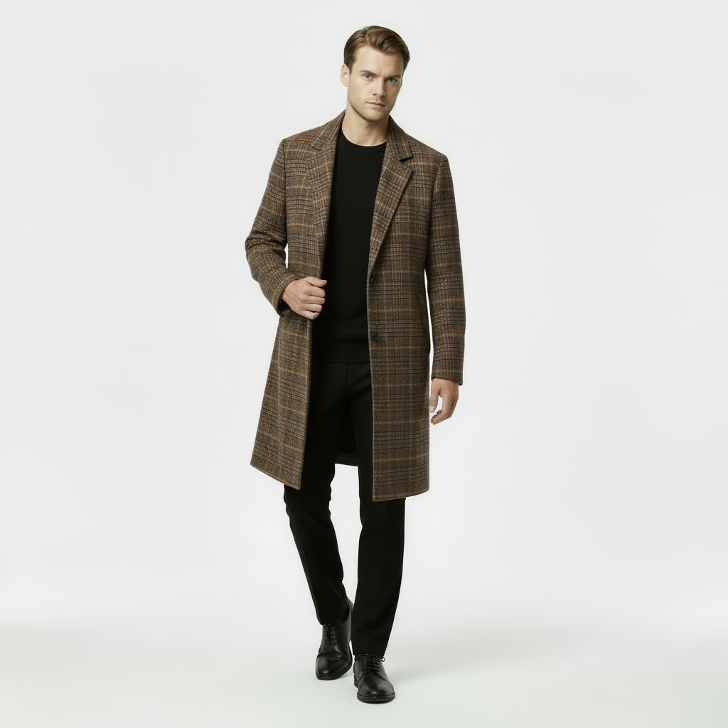 Men's Checked Wool-Blend Overcoat - Plaid Winter Coat for Cold Weather Fashion