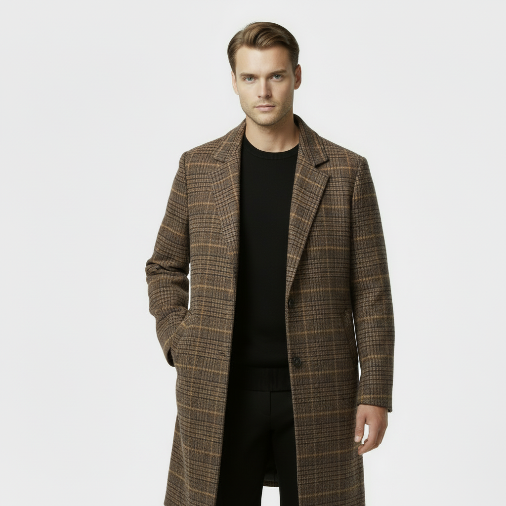 Men's Checked Wool-Blend Overcoat - Plaid Winter Coat for Cold Weather Fashion