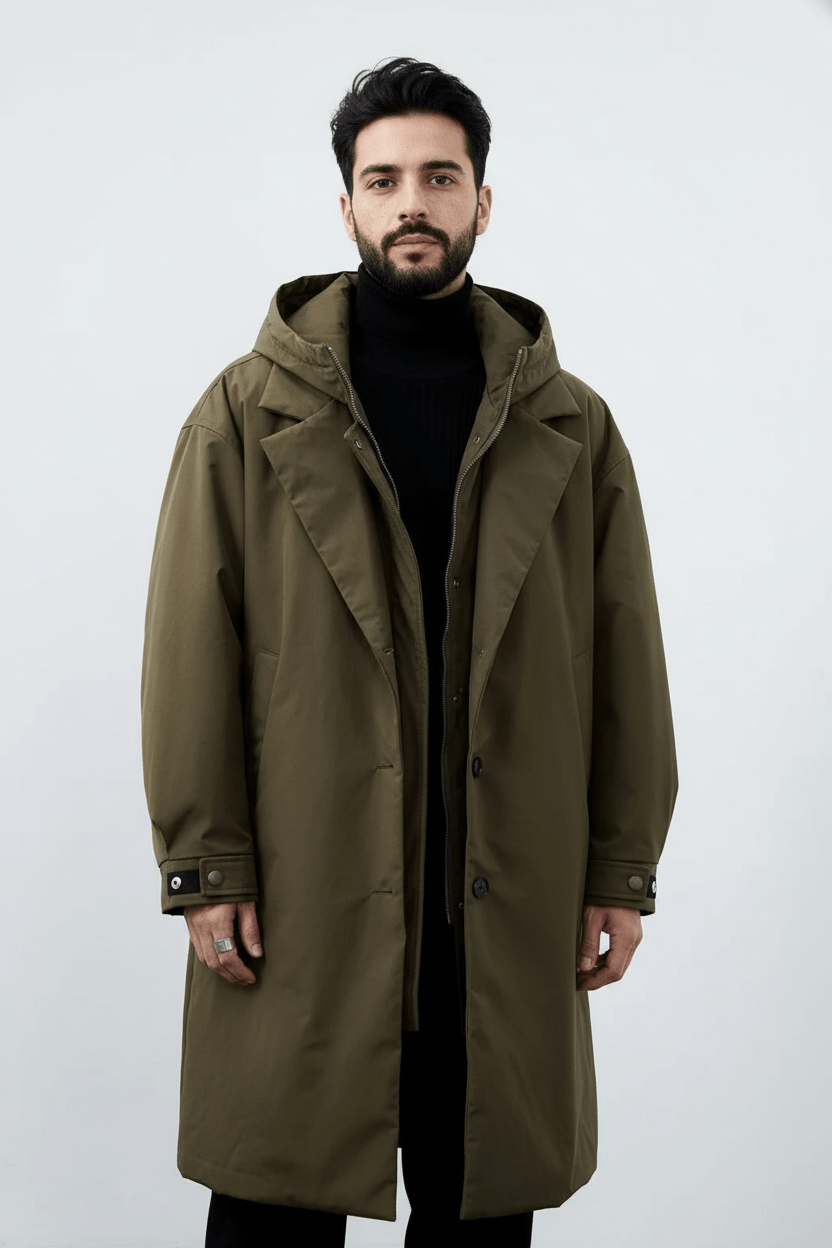 Men’s Double-Breasted Wool Blend Trench Coat - Tailored Fit for Stylish Outerwear Army Green