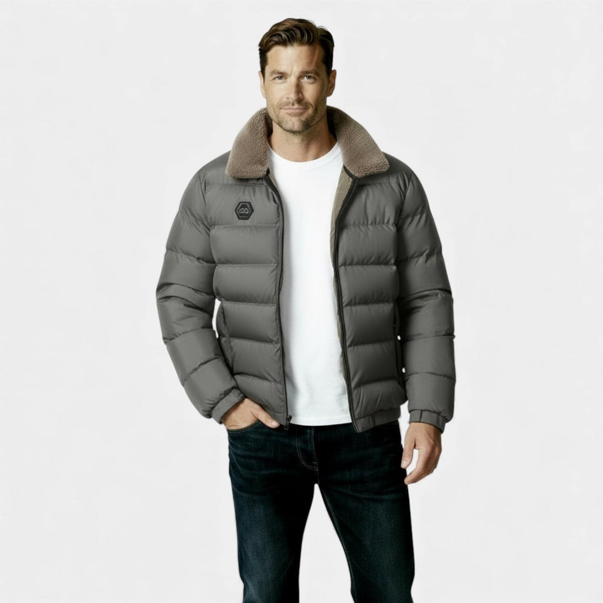 Men's Insulated Puffer Jacket with Sherpa Collar for Winter Outdoor Activities
