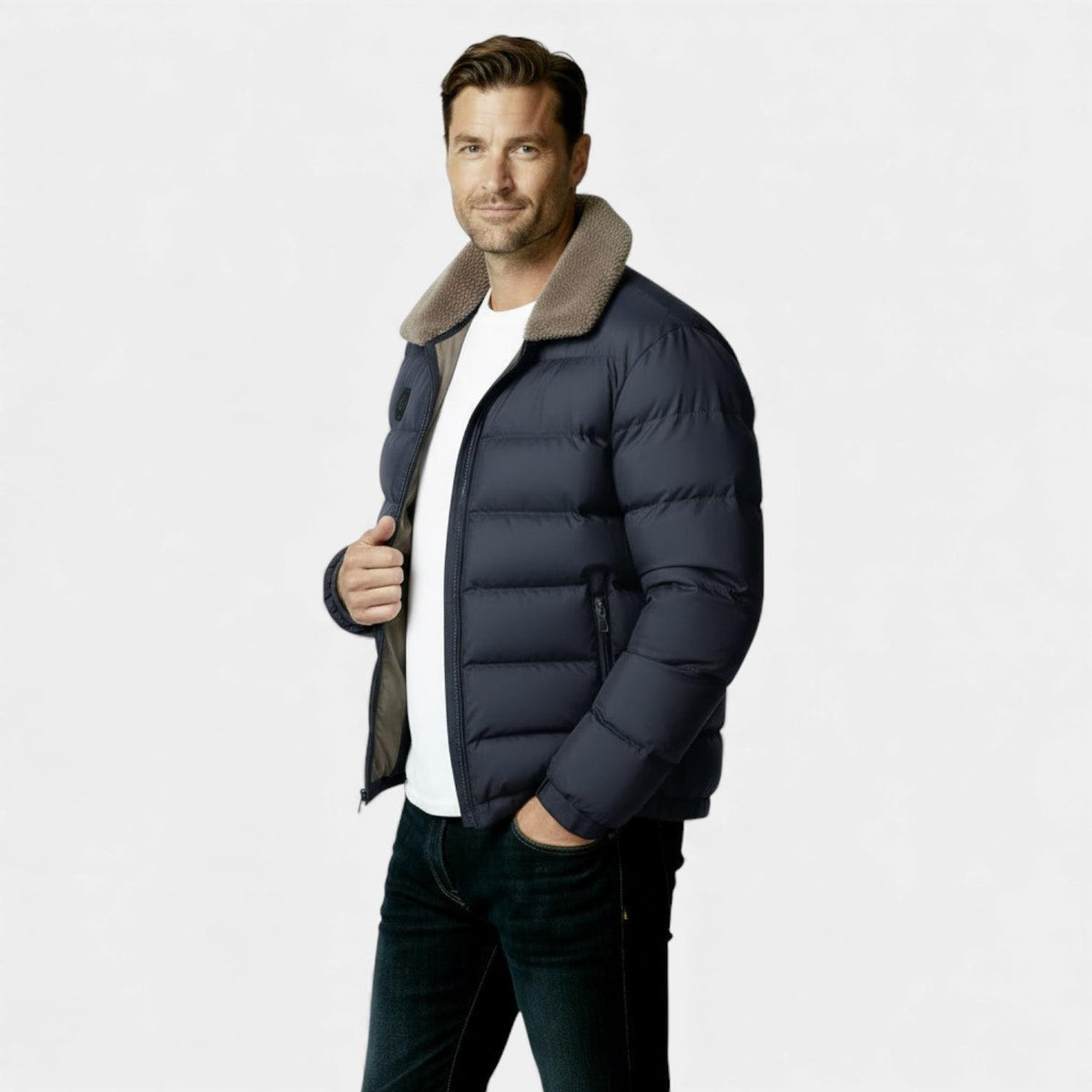 Men's Insulated Puffer Jacket with Sherpa Collar for Winter Outdoor Activities
